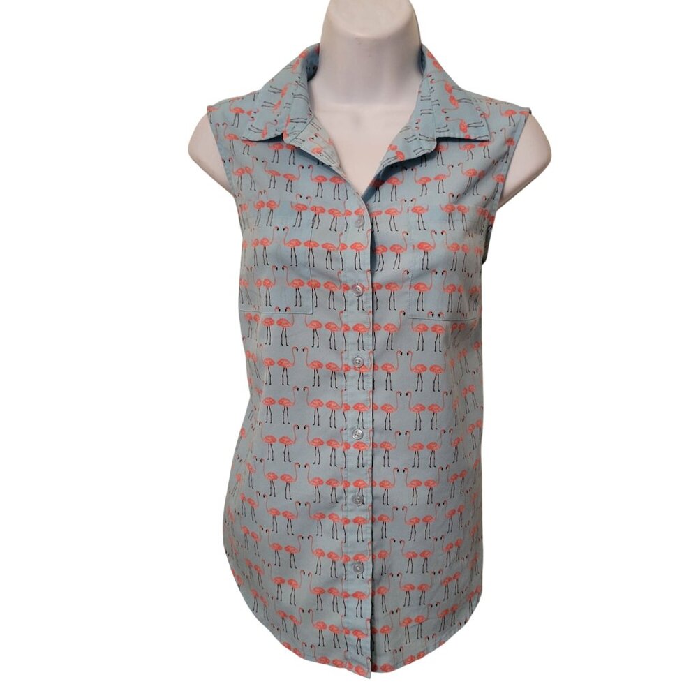 Talbots Sleeveless Button Front Shirt S Flamingos Blue Pink Top Summer Cruise